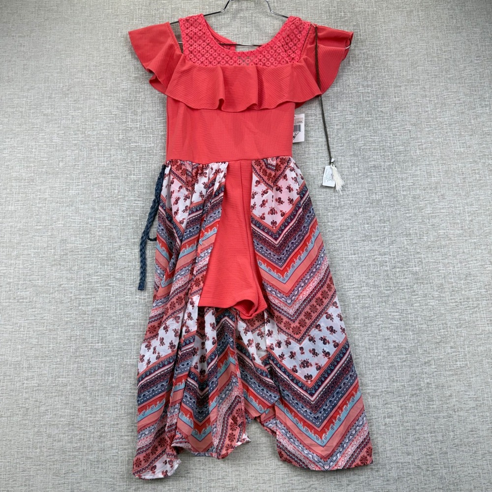 Girls Size 12 Coral Romper Maxi Dress Crochet Lace Cold Shoulder NWT Necklace